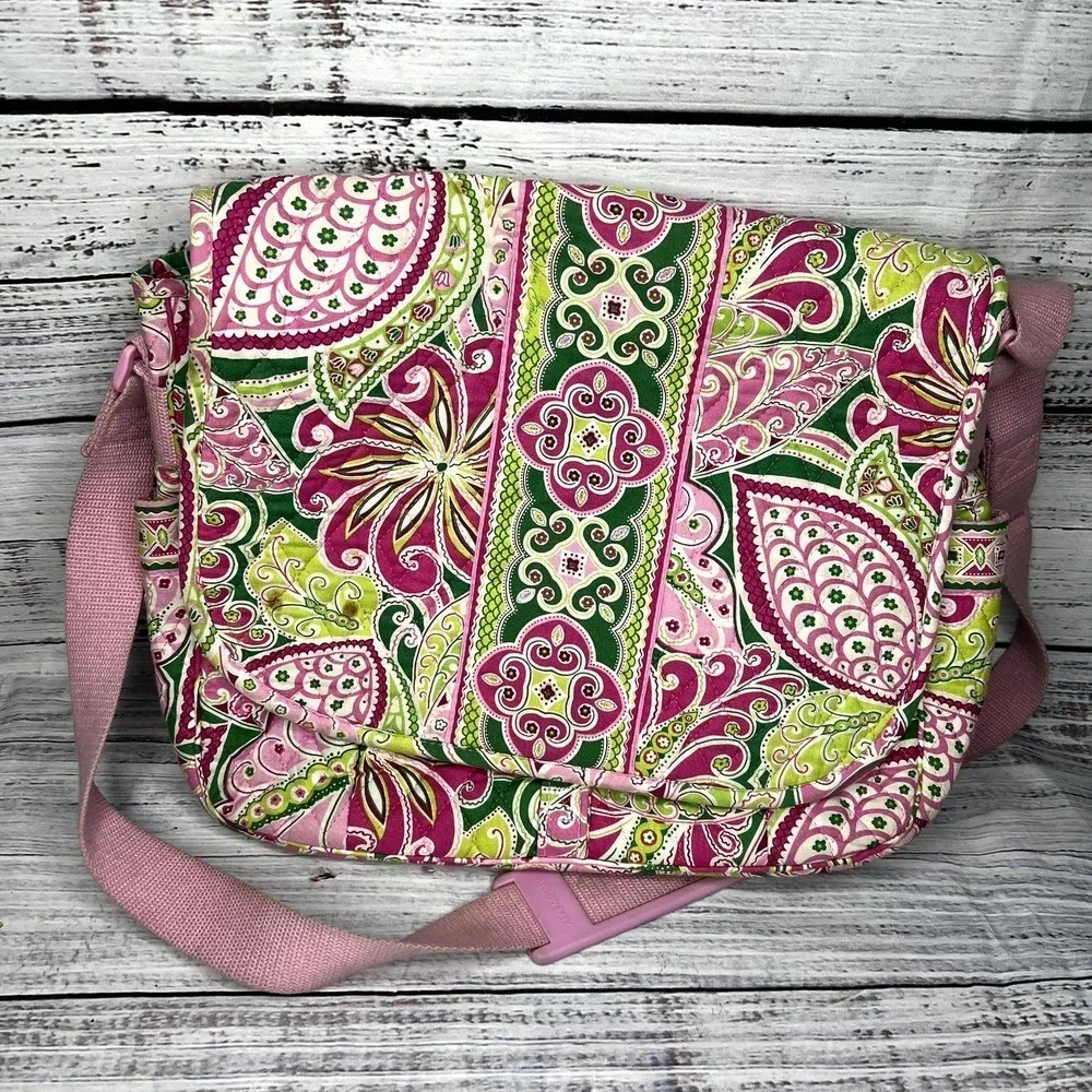 Vera Bradley Crossbody Messenger Laptop Bag Pink & Green